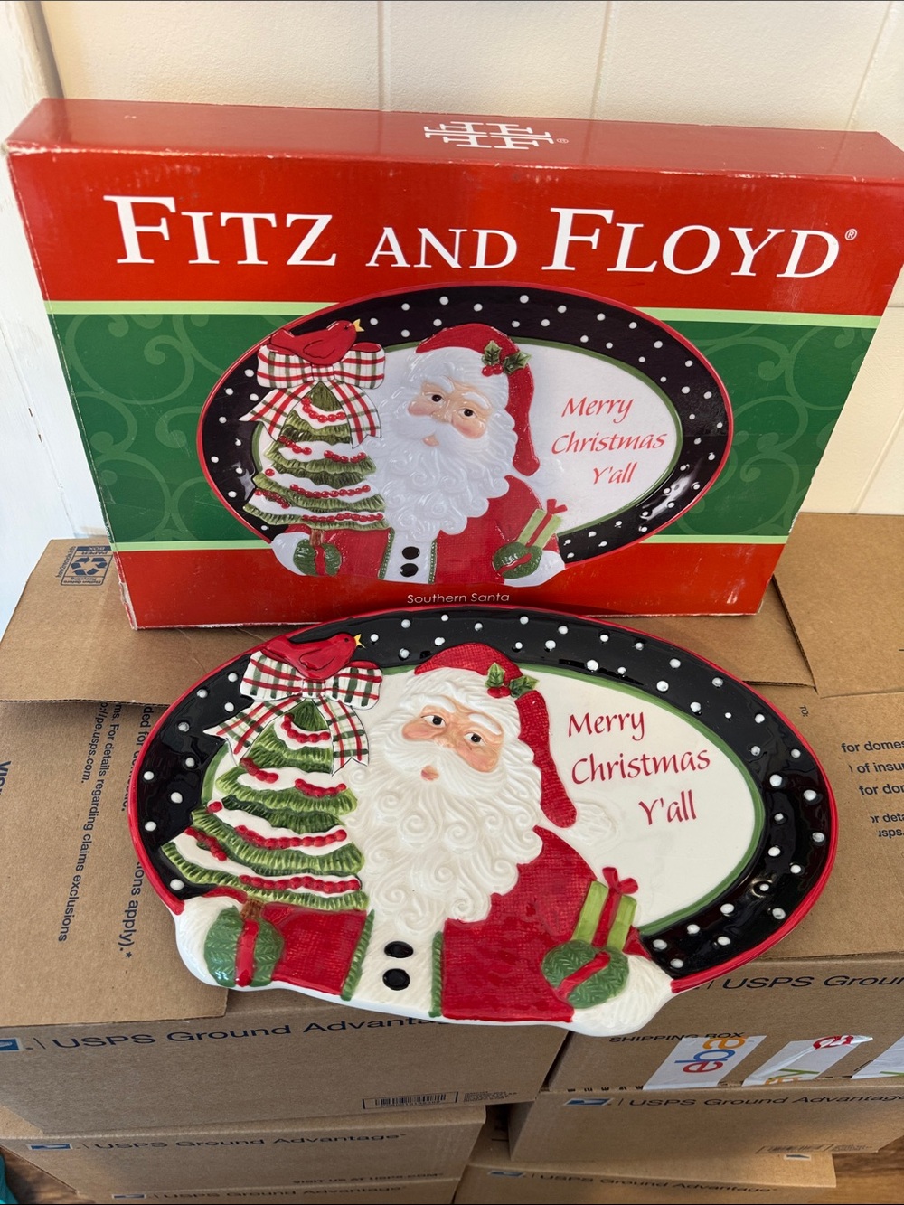NWOT FITZ AND FLOYD SOUTHERN SANTA COOKIE PLATTER TRAY MERRY CHRISTMAS YALL